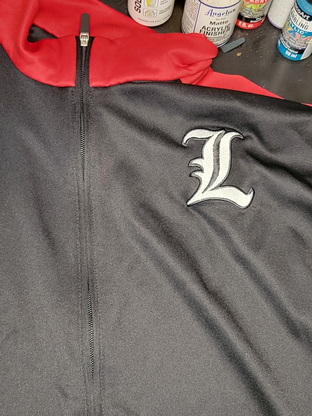 Black & Red Hoodie Jacket with Embroidered 'L' Accent